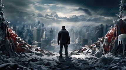 Poster - A man in the midst of melting glaciers. The challenge of global warming. Generative AI