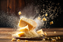 Parmigiano Cheese Exploding On A Table Of A Kitchen With Some Onion And Jam, Made With Ai Generative Tools 