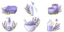 Banner Set Violet Lavender Flowers, Essential Oil, Cosmetics Bottles, Soap. Hand Drawn Watercolor Illustration Isolated On White Background. For Stickers, Logo, Printing Postcards, Invitations