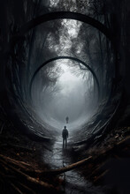 Man Passing Through A Portal In A Haunted Mountain Forest. Spooky Concentric Circular Walkway In Forest. Silhouette Of Man Standing In Front Of Time Portal. Generative AI