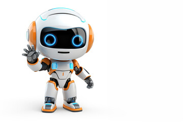 Cute little robot waving hello on white background with copy space. Generative ai and digital editing.