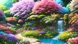 © Tchelo Art - Jardim encantado vibrante com flores exuberantes em tons variados, plantas majestosas e elementos mágicos como borboletas e pássaros coloridos. Cores alegres que transmitem serenidade e beleza.