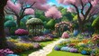 © Tchelo Art - Jardim encantado vibrante com flores exuberantes em tons variados, plantas majestosas e elementos mágicos como borboletas e pássaros coloridos. Cores alegres que transmitem serenidade e beleza.