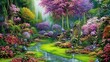 © Tchelo Art - Jardim encantado vibrante com flores exuberantes em tons variados, plantas majestosas e elementos mágicos como borboletas e pássaros coloridos. Cores alegres que transmitem serenidade e beleza.
