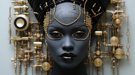 Wall Mural - A black mannequin with gold jewelry on it's head. Generative AI image.