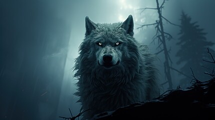 Wall Mural - A white wolf standing in a dark forest. Generative AI image.