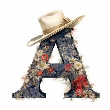 The letter a is decorated with flowers and a hat. Generative AI image.