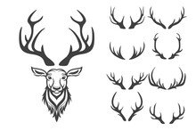 Vector Christmas Reindeer Horns, Antlers. Deer Horn Silhouettes. Hand Drawn Deers Horn, Antler Set. Animal Antler Collection. Design Elements Of Deer. Wildlife Hunters, Hipster, Christmas Concept