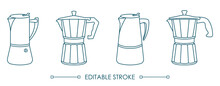 Set Of Outline Moka Pot Icons With Editable Stroke. Vector Isolated Collection Of Classic And Modern Italian Espresso Coffee Makers.