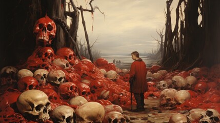 Canvas Print - A man standing in front of a pile of skulls. Generative AI image.