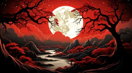 Poster - A painting of a red sky with a full moon. Generative AI image.