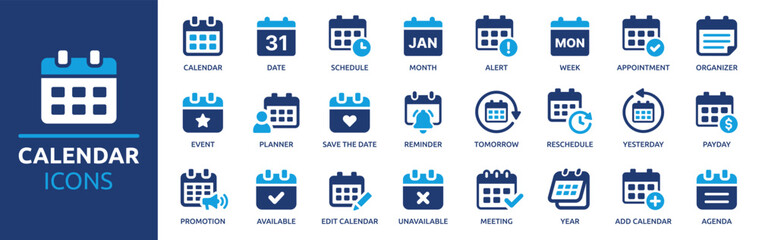 calendar icon set. containing date, schedule, month, week, appointment, agenda, organization and eve