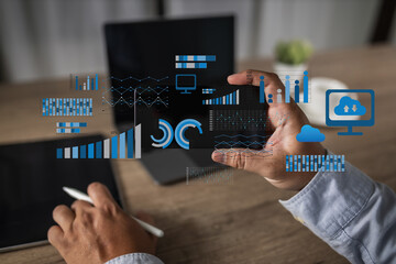 Poster - analyzing on a laptop Showing business analytics dashboard technology management strategy datum concept process report chart success investment statistic economy database
