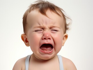 a closeup photo of a cute little baby boy child crying and screaming isolated on white background. g