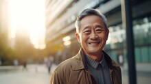 Senior Asian Man Smiling At The Camera Outdoors. Close-up Portrait Of A Laughing Handsome Asian Man In The City. Middle Aged Man Walking In A City.