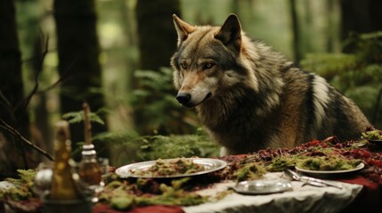 Canvas Print - A wolf sitting at a table with plates of food. Generative AI image.