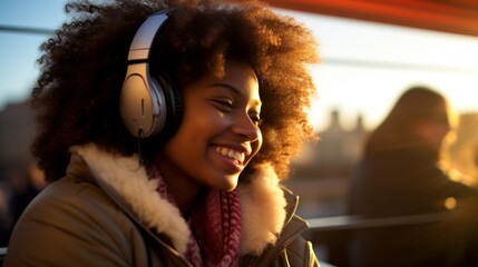 a closeup photo portrait of beautiful black afro american teenage girl listening to music with over-ear headphones in a subway train. blurry metro train background. Generative AI