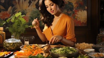 Poster - A woman sitting at a table with a plate of food. Generative AI image.