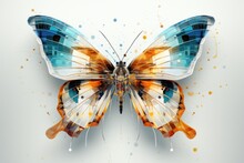 A Blue And Orange Butterfly On A White Background. Generative AI Image.