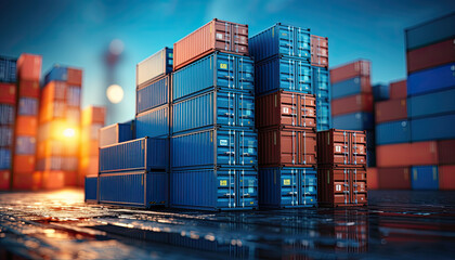 Wall Mural - Stack of blue container boxes with sky background. Cargo freight shipping for import and export logistics