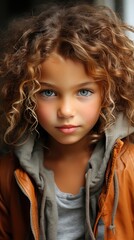 Wall Mural - A little girl with a brown jacket and blue eyes. Generative AI image.