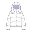 Winter puffer coat front view fashion flat sketch for Tech Pack. Jacket with hood and pockets on a zipper, CAD drawing, black and white, vector graphics for garment production apparel brand, for women