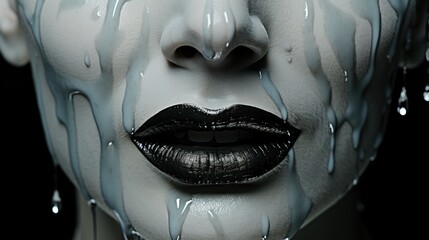 Sticker - A close up of a woman's face with a dripping lip. Generative AI image.