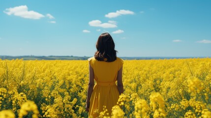 Wall Mural - A woman standing in a field of yellow flowers. Generative AI image.