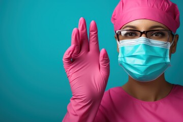 Wall Mural - A woman wearing a surgical mask and gloves. Generative AI image.