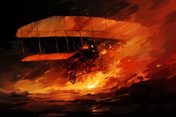 Poster - A painting of a man flying a biplane over a fire. Generative AI image.