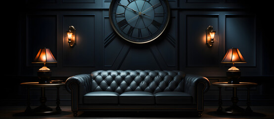 a room with leather couch and table lights and a large clock on the wall Generated by AI