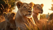 Female Lions Gazing Into Distance During Golden Hour Sunset