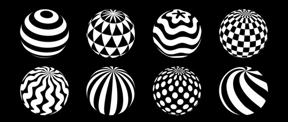 Aufkleber - Collection of spheres with different patterns. Striped, checkered, waved and dotted 3d balls set. Black and white geometric elements for design templates, icons, logo. Abstract vector globes pack