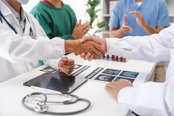 Wall Mural - Health Care Doctors and medical people group meeting teams discuss communication strategies. virus or surgery in hospital, Friendly medic service people.