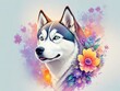 Siberian husky with colorful flower painted in watercolor on a white background.generative AI