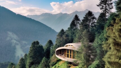 Wall Mural - The exterior design of modern eco wooden house on mountain that is full of nature. Generative AI image AIG30.