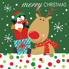 Christmas Card With Reindeer And Penguin