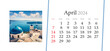Set of horizontal flip calendars with amazing landscapes in minimal style. April 2024. Bright morning view of Santorini island. Marvelous spring scene of famous Greek resort Fira, Greece, Europe.