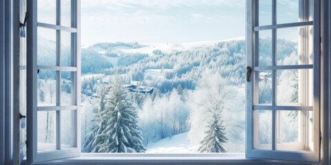 winter snow hilal view out of open window wooden 