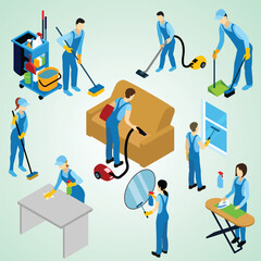 Wall Mural - professional cleaners isometric set professional office cleaning housekeeping services people equipment isometric icons set with vacuuming sweeping mopping floors vector illustration