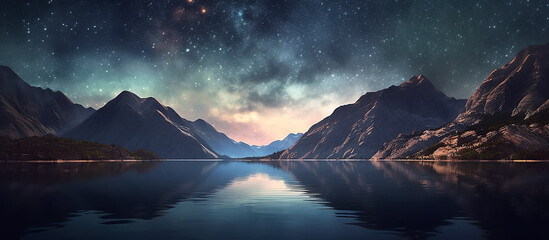 Wall Mural - panorama with starry night sky with stars and milky way over mountains and lake water. Generative AI illustration