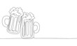 Two beers, cheers concept. October Fest banner, silhouette vector. One line continuous vector line art outline illustration. Isolated on white background.