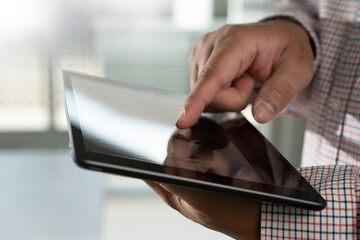 Poster - man hands using looking and touch tablet laptop and cellphone communication mockup computer technolo