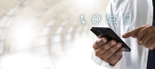 Poster - Contact Us Customer Support Person Connection CONTACT US (Customer Support Hotline people CONNECT) phone application blue background