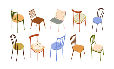 Poster - Chair design in modern style. Comfortable trendy home furniture set. Padded and solid cozy seats with backs, rails, cushions, upholstery. Flat vector illustrations isolated on white background
