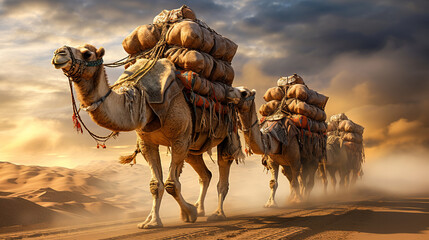 Camel with luggage on the historical Silk route trade