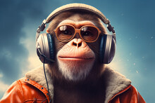 Chimpanzee Listening To Music Using A Headset