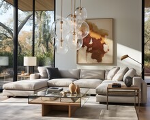 This Minimal, Scandinavian-style Living Room Exudes Elegance And Sophistication With Its Large Sectional Sofa, Glass Chandelier, And Chic Interior Design