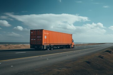 Canvas Print - Back view of Container Truck on Highway. Generative AI Image