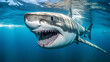 A close-up photograph of a majestic tiger shark, its rows of sharp teeth visible as it cruises through the ocean Generative AI